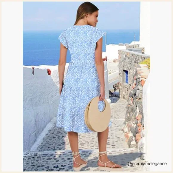 Ruffle Sleeve V-Neck Midi Dress, Flowy Tiered Boho Casual Sundress - Picture 6 of 7